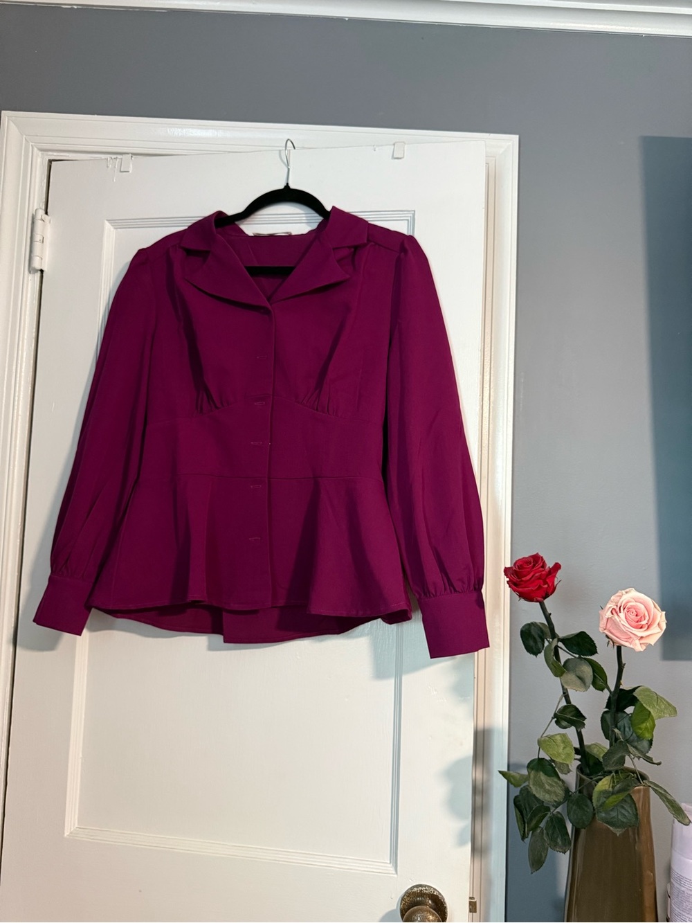 Grace Karin Magenta Peplum Blouse - Elegant Long Sleeve Top Size Medium